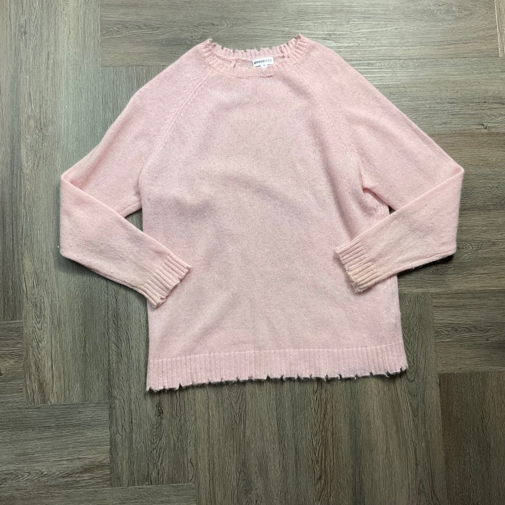Minnie Rose Sweater Womens Medium Pink Cashmere Distressed Frayed Trim Coquette